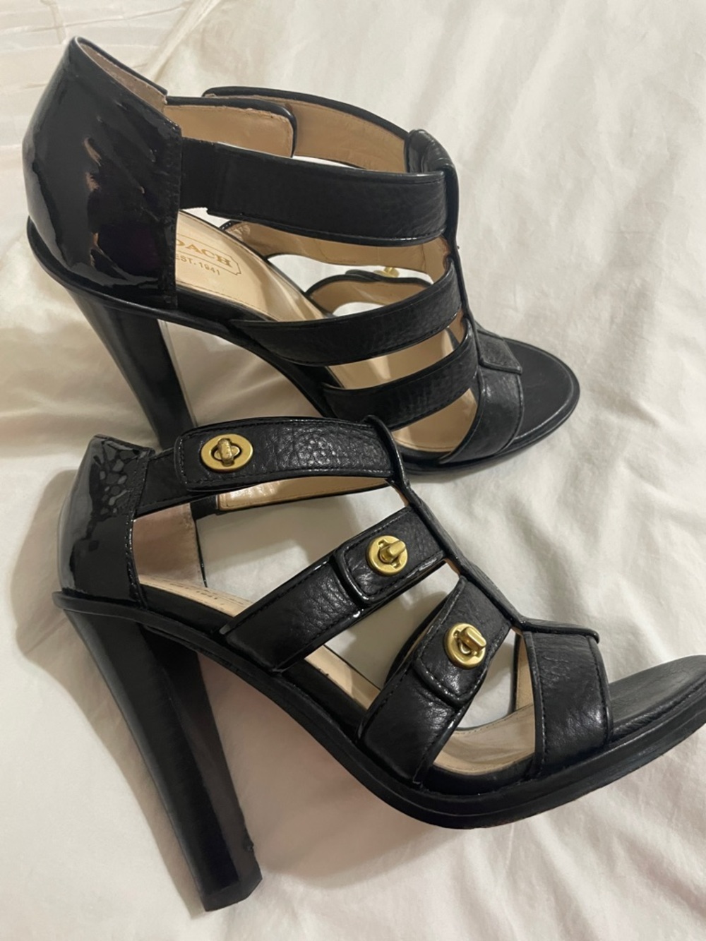 Coach Black Strappy High Heel Sandals with Gold Turn-Lock Accents